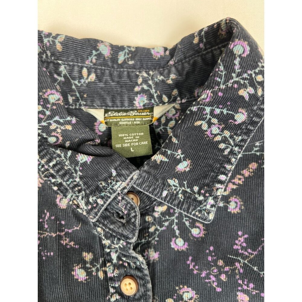 Vintage Eddie Bauer Women L Floral Corduroy Navy Long Sleeve Button Up Shirt - Picture 3 of 7